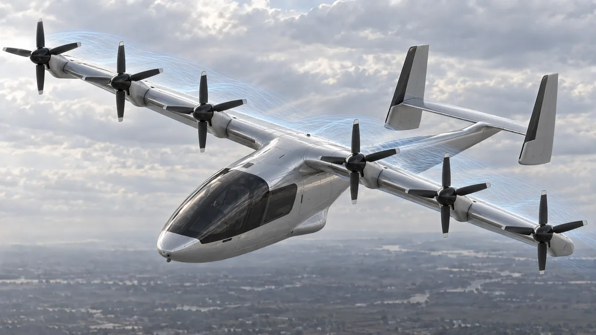 AI-generated illustration of a six-propeller tiltwing aircraft in transition flight, with airflow streamlines over the wing.