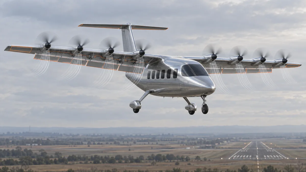 AI-generated illustration of a distributed electric propulsion aircraft on approach, with eight leading-edge propellers and white slipstream lines over the wing.