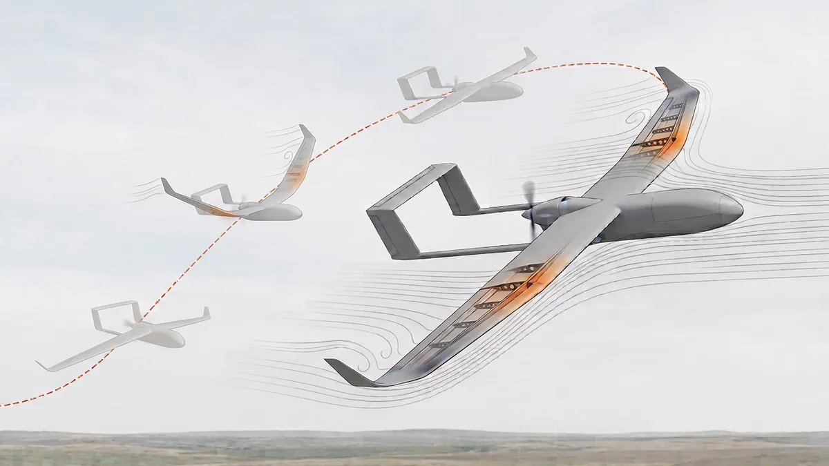 AI-generated illustration of a twin-boom morphing UAV with ghost images of alternate wing shapes along a dashed orange trajectory.