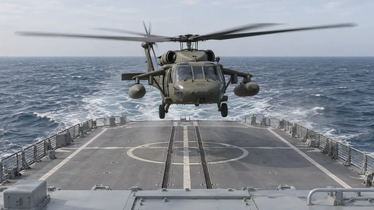 AI-generated illustration of a UH-60 helicopter hovering over a moving ship’s stern flight deck, viewed from the hangar.
